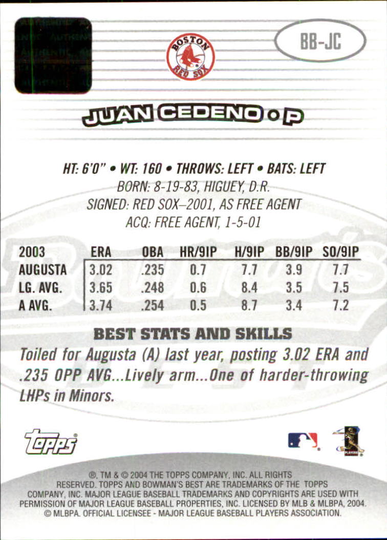 2004 Bowman's Best #JC Juan Cedeno FY AU RC back image