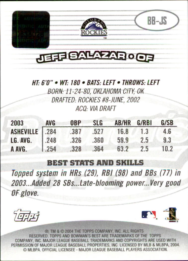 2004 Bowman's Best #JS Jeff Salazar FY AU RC back image