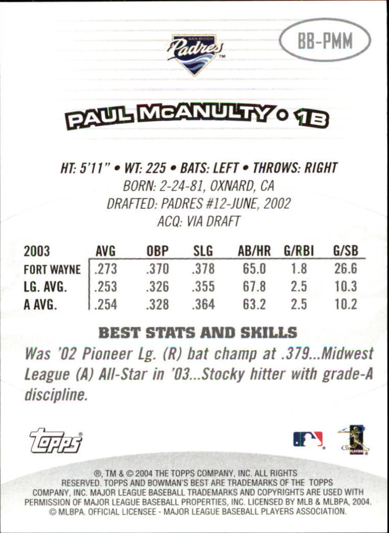2004 Bowman's Best #PMM Paul McAnulty FY RC back image