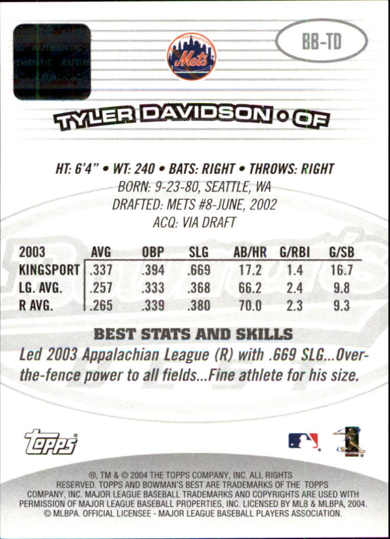2004 Bowman's Best #TD Tyler Davidson FY AU RC back image