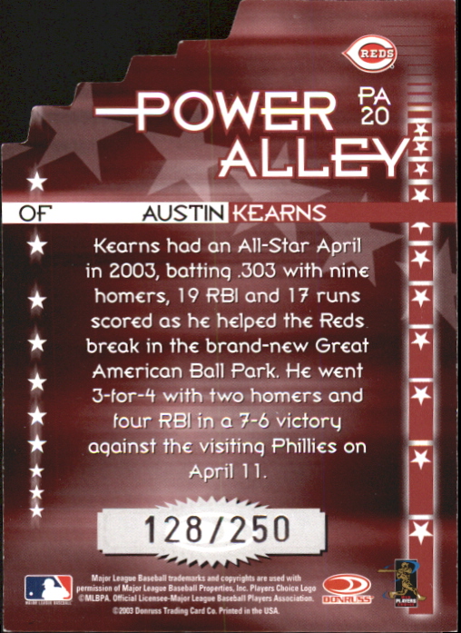 2004 Donruss Power Alley Red Die Cut #20 Austin Kearns back image