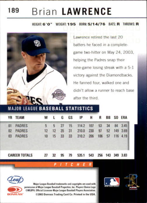 2004 Leaf Second Edition #189 Brian Lawrence back image