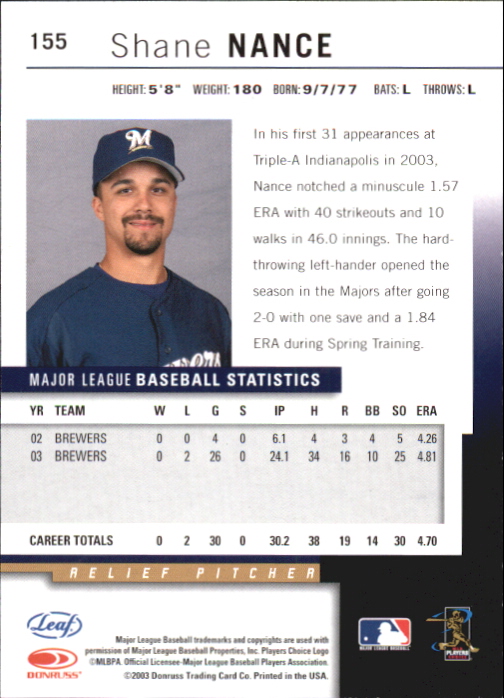 2004 Leaf Autographs #155 Shane Nance back image