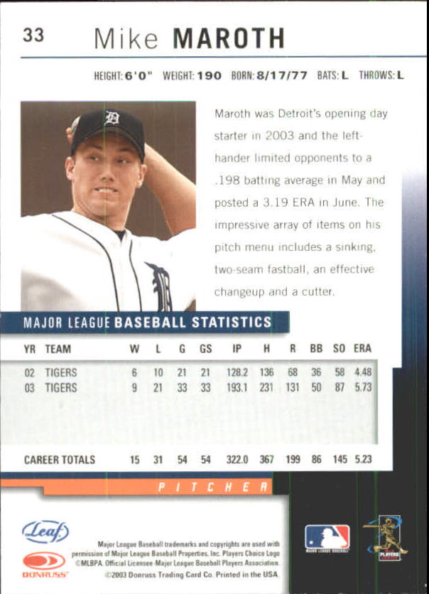 2004 Leaf Autographs Second Edition #33 Mike Maroth back image