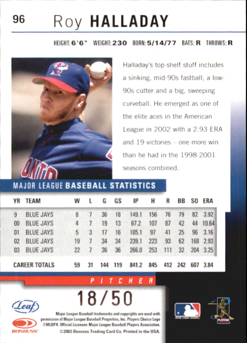 2004 Leaf Press Proofs Silver #96 Roy Halladay back image