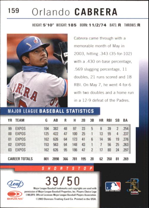 2004 Leaf Press Proofs Silver #159 Orlando Cabrera back image