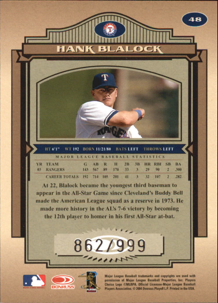 2004 Timeless Treasures #48 Hank Blalock back image
