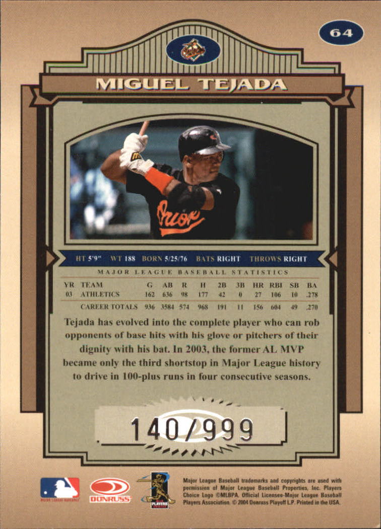2004 Timeless Treasures #64 Miguel Tejada back image