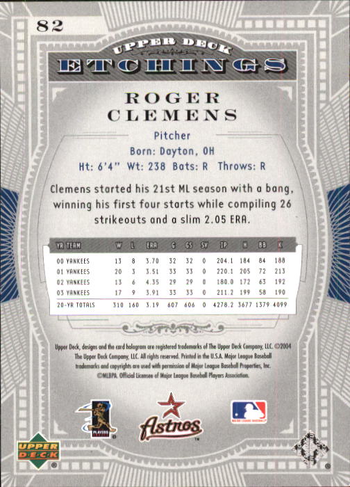 2004 Upper Deck Etchings #82 Roger Clemens back image
