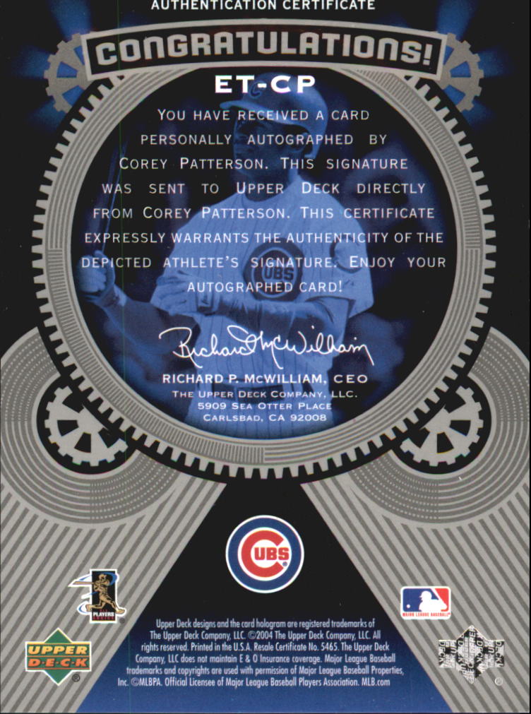 2004 Upper Deck Etchings Etched in Time Autograph Black #CP Corey Patterson/375 back image