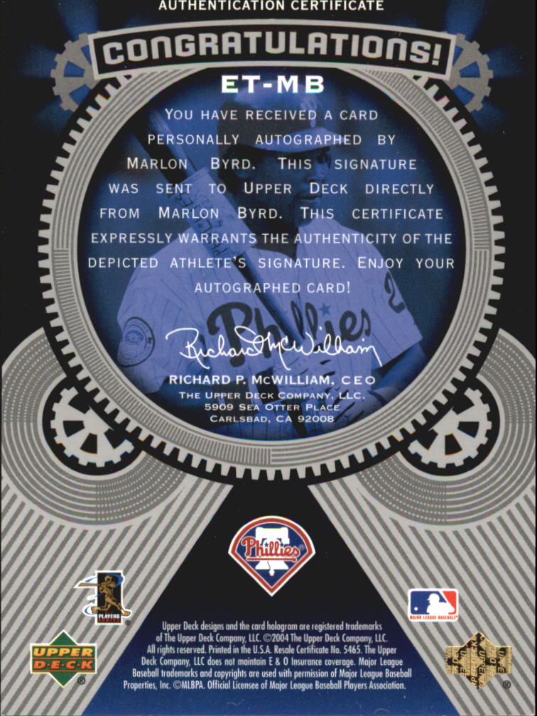 2004 Upper Deck Etchings Etched in Time Autograph Black #MB Marlon Byrd/1025 back image