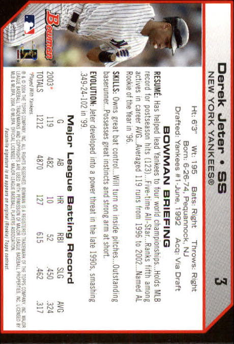 2004 Bowman #3 Derek Jeter back image