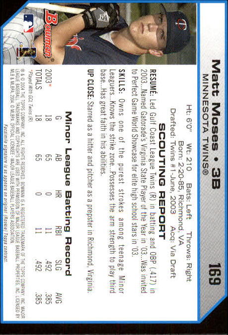 2004 Bowman #169 Matt Moses FY RC back image