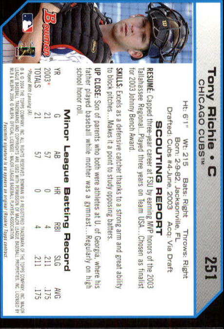 2004 Bowman #251 Tony Richie FY RC back image