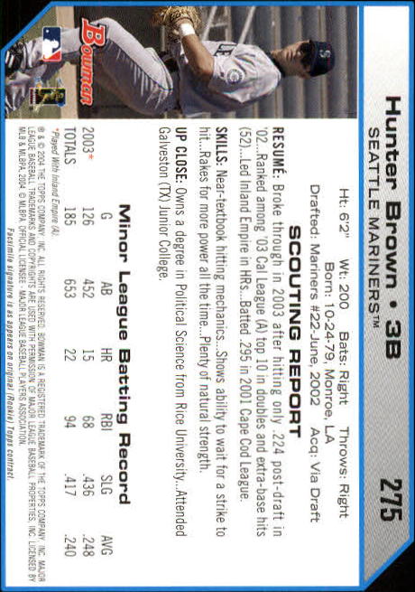 2004 Bowman #275 Hunter Brown FY RC back image
