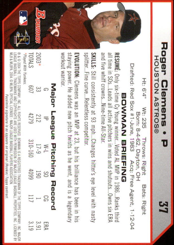 2004 Bowman 1st Edition #37 Roger Clemens back image