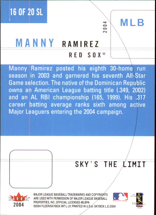 2004 SkyBox LE Sky's the Limit #16 Manny Ramirez back image