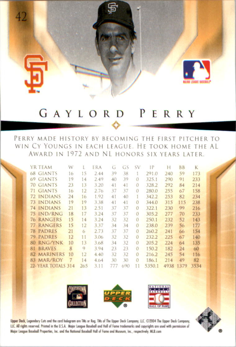 2004 SP Legendary Cuts #42 Gaylord Perry back image