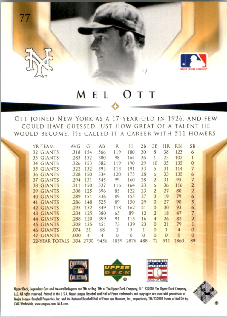 2004 SP Legendary Cuts #77 Mel Ott back image