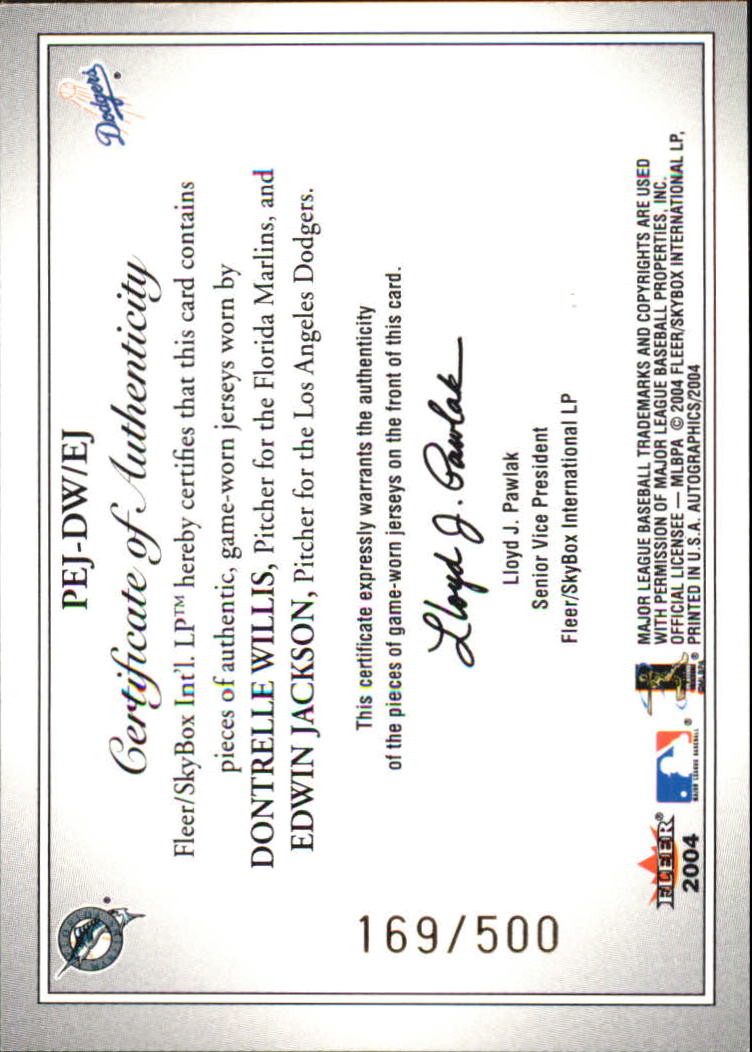 2004 SkyBox Autographics Prospects Endorsed Dual Jersey #DWEJ Dontrelle Willis/Edwin Jackson back image