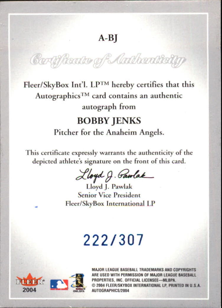 2004 SkyBox Autographics Signatures Blue #BJ Bobby Jenks/307 back image