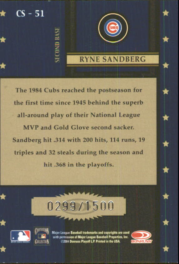 2004 Throwback Threads Century Stars #CS51 Ryne Sandberg back image