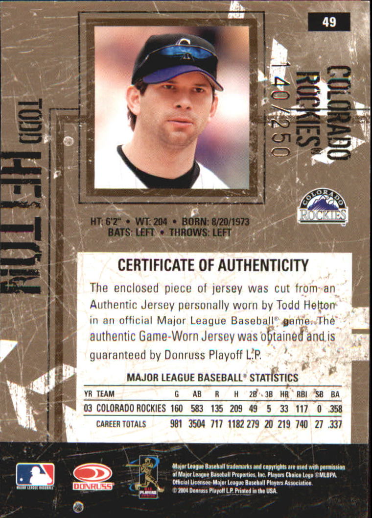 2004 Leather and Lumber Materials Jersey #49 Todd Helton/250 back image