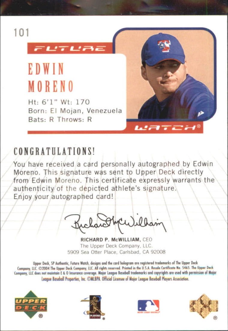 2004 SP Authentic Future Watch Autograph 195 #101 Edwin Moreno FW back image