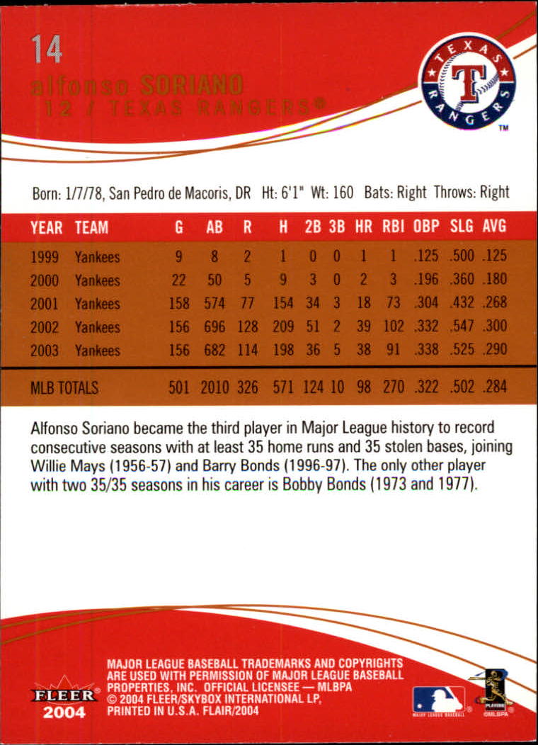 2004 Flair #14 Alfonso Soriano back image
