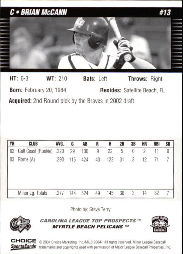 2004 Carolina League Top Prospects Choice #26 Brian McCann back image