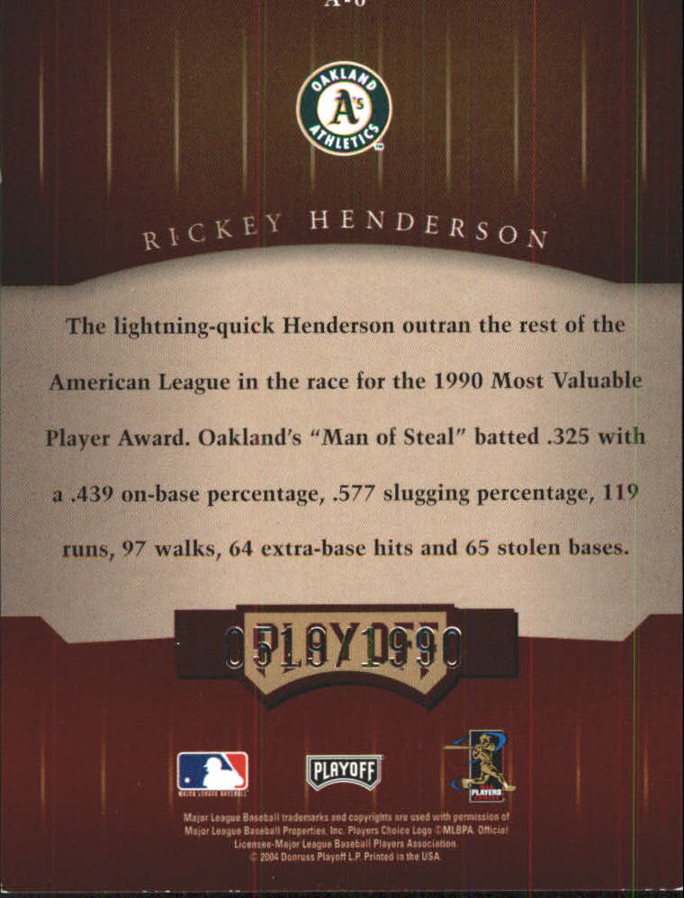 2004 Playoff Honors Awards #6 Rickey Henderson/1990 back image