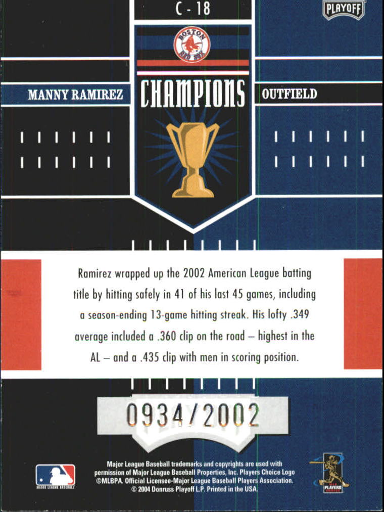 2004 Playoff Honors Champions #18 Manny Ramirez/2002 back image