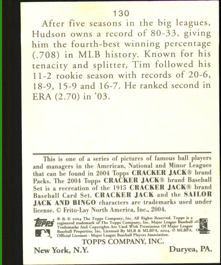 2004 Topps Cracker Jack Mini #130 Tim Hudson back image