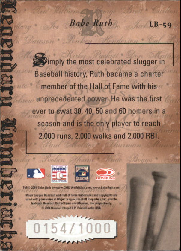 2004 Donruss Classics Legendary Lumberjacks #59 Babe Ruth back image