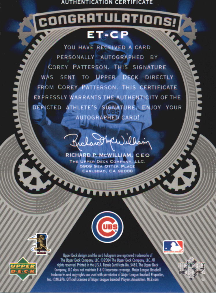 2004 Upper Deck Etchings Etched in Time Autograph Blue #CP Corey Patterson/250 back image