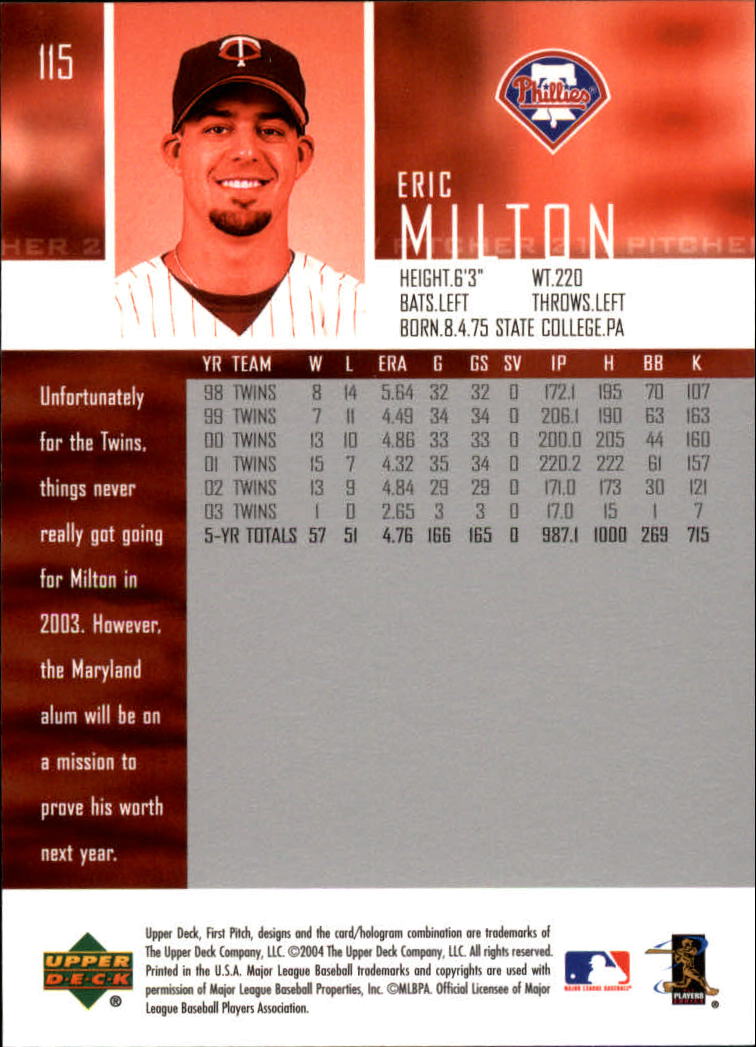 2004 Upper Deck First Pitch #115 Eric Milton back image