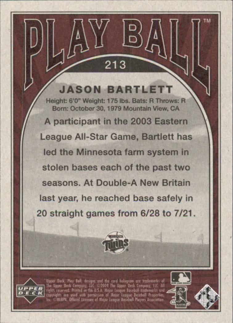 2004 Upper Deck Play Ball #213 Jason Bartlett RC back image