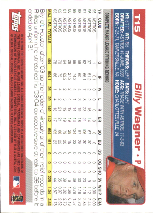 2004 Topps Traded #T15 Billy Wagner back image