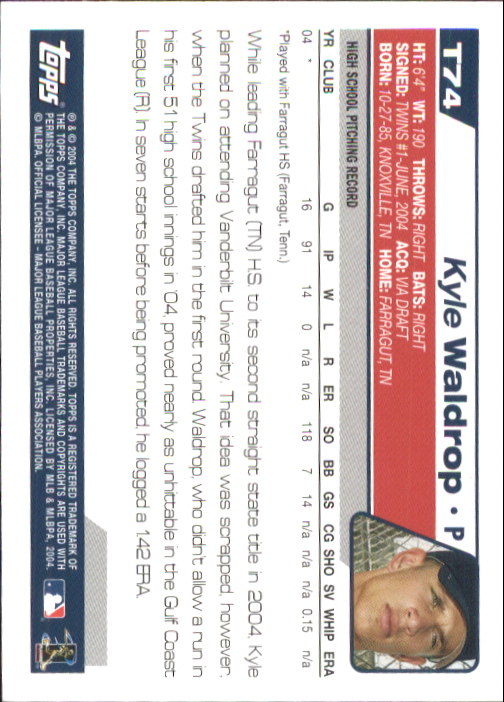 2004 Topps Traded #T74 Kyle Waldrop DP RC back image