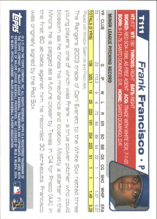 2004 Topps Traded #T111 Frank Francisco FY RC back image