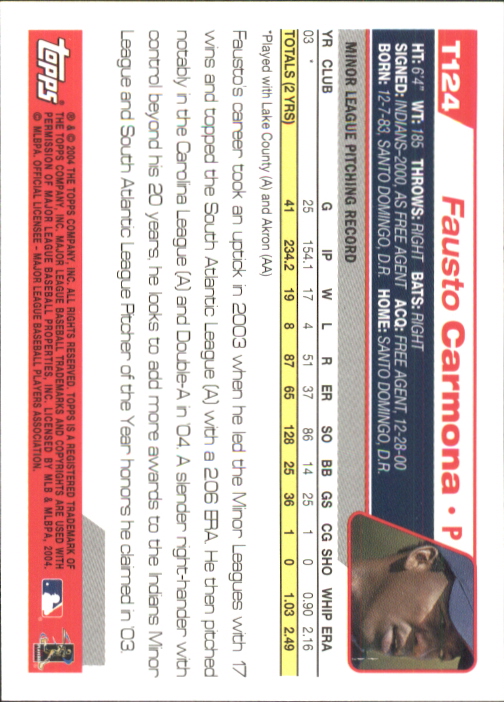 2004 Topps Traded #T124 Fausto Carmona FY RC back image