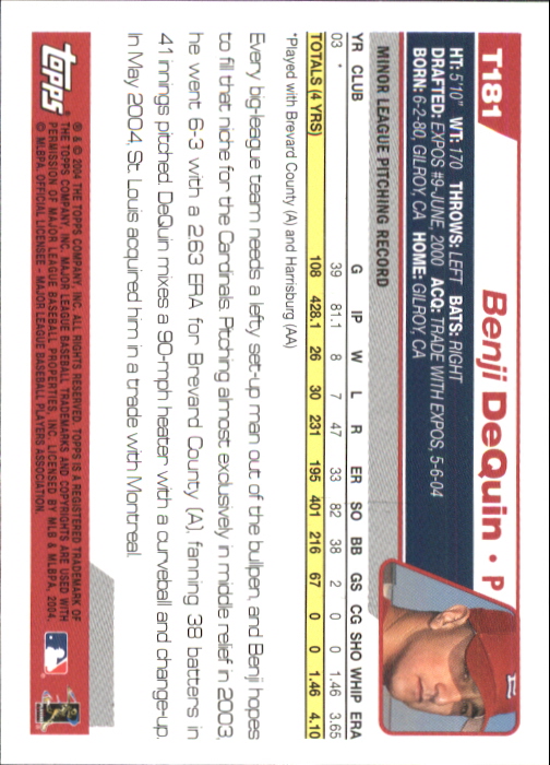 2004 Topps Traded #T181 Benji DeQuin FY RC back image