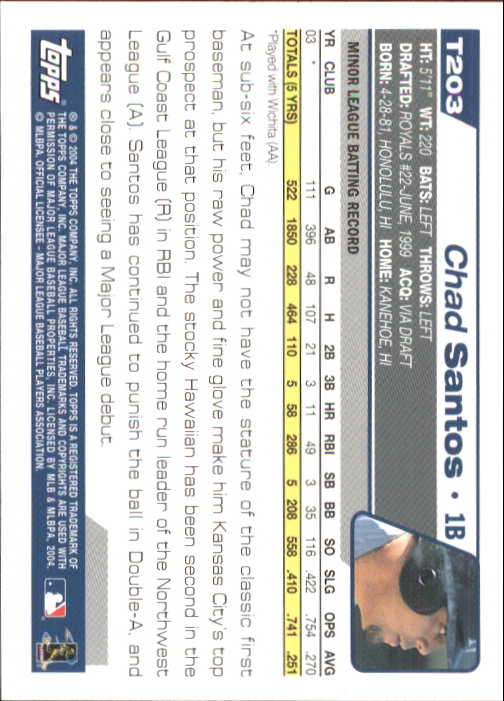 2004 Topps Traded #T203 Chad Santos FY RC back image