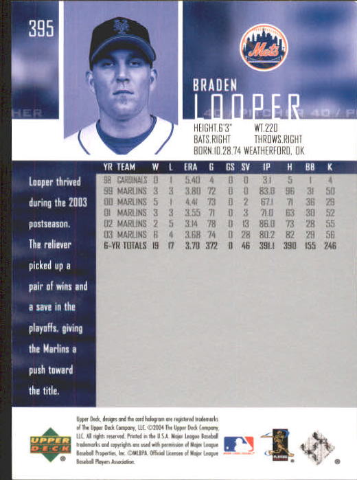 2004 Upper Deck #395 Braden Looper back image