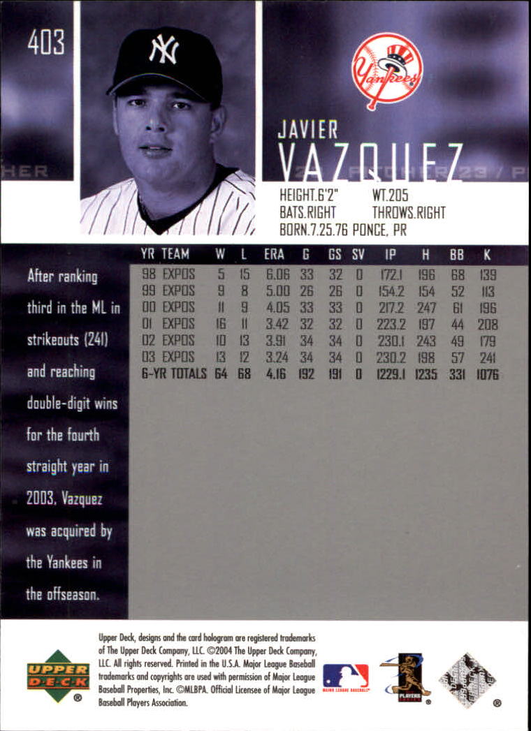 2004 Upper Deck Glossy #403 Javier Vazquez back image