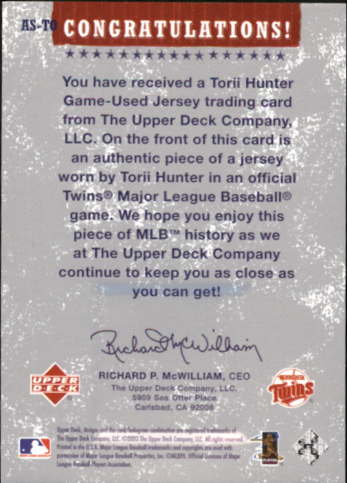 2004 Upper Deck Authentic Stars Jersey #TO Torii Hunter back image