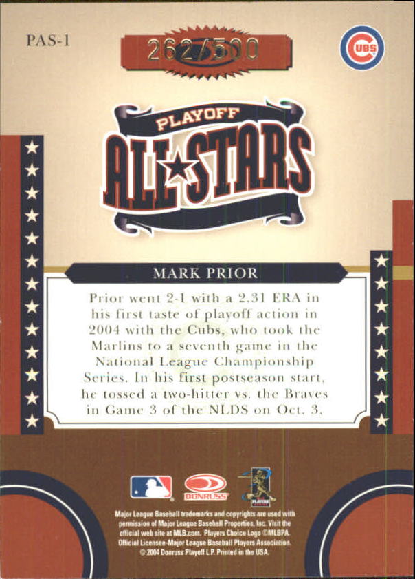 2004 Donruss World Series Playoff All-Stars #1 Mark Prior back image