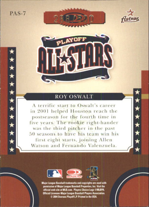 2004 Donruss World Series Playoff All-Stars #7 Roy Oswalt back image