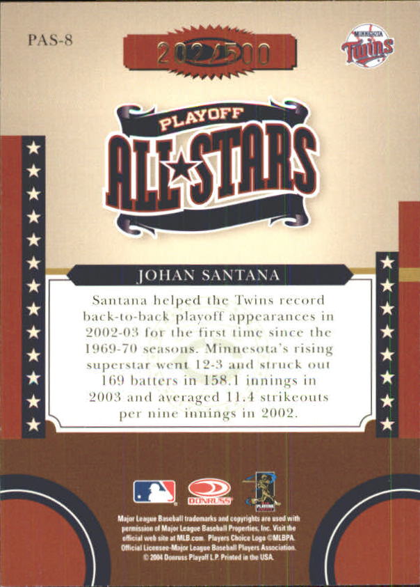 2004 Donruss World Series Playoff All-Stars #8 Johan Santana back image