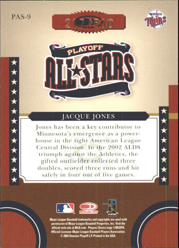 2004 Donruss World Series Playoff All-Stars #9 Jacque Jones back image